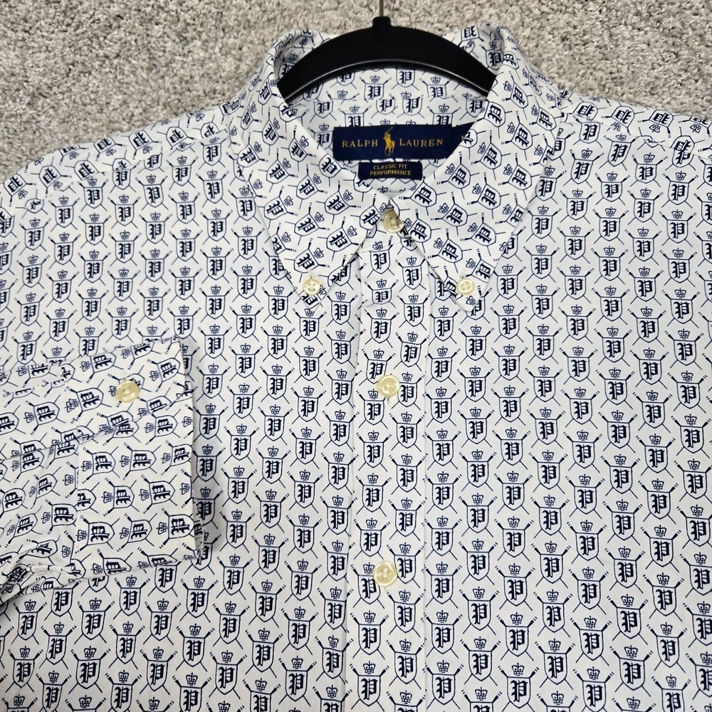 Ralph Lauren Mens Medium Classic‎ Fit All Over Print Performance L/S Crest logo